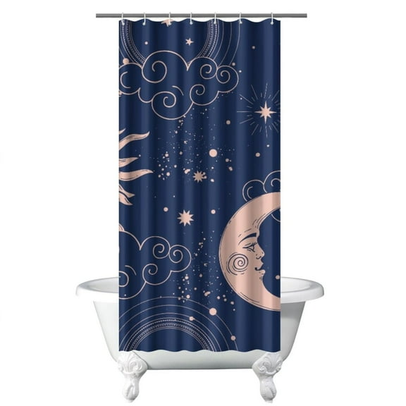 Gothic Cosmic Shower Curtain - Mystical Astrology Print with Golden Stars Sun Moon Waterproof Hotel Style Bath Curtain with Hooks