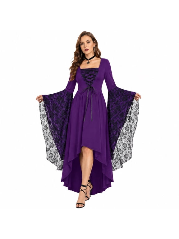 Gothic Costume for Women, High-Low Lace Dress with Dramatic Draped Sleeves, Medieval Vampire Gown for Halloween Party and Stage Performance, Purple and Black, Size L