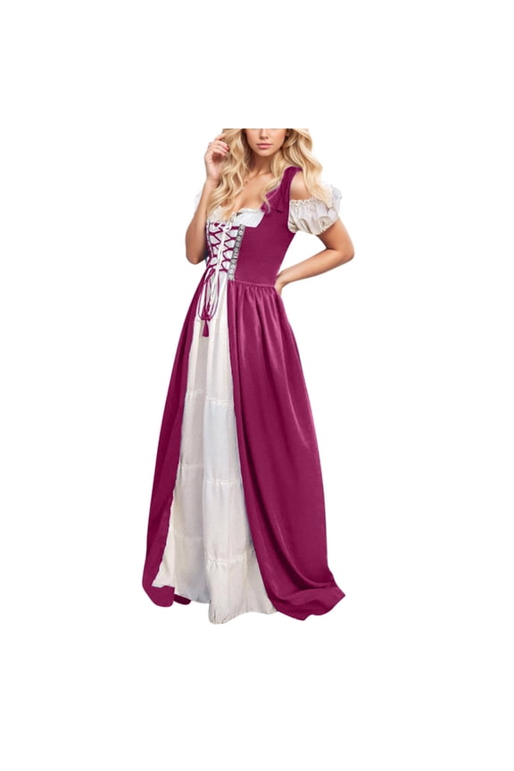 Gothic Costumes for Women High Low Victorian Dress Puff Sleeve Off Shoulder Ruffle Medieval Costume Hot Pink L/XL