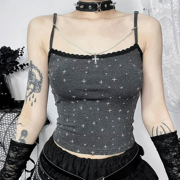 Gothic Cotton Cross Print Patchwork Camis Tops Women Sexy Backless Spaghetti Strap Crop Top Vest EMO Summer Basic Top