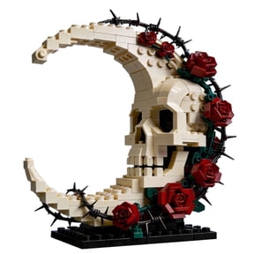 Gothic Crescent Moon Skull Building Block Set, 439Pcs Celestial Skeleton 3D Model with Roses and Thorns Desktop Decor