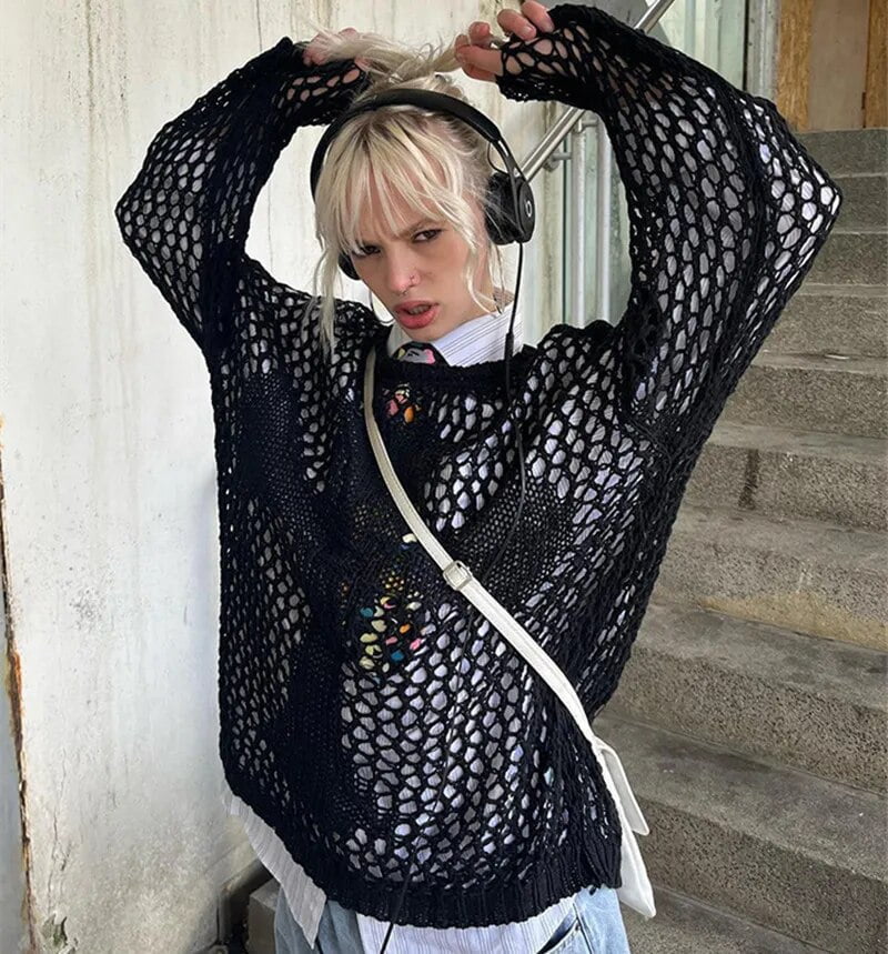 Gothic Crochet Star Sweater Pullovers Oversized Loose Holes