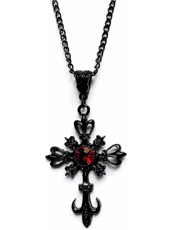 Gothic Cross Heart Necklace for Women Chunky Chain Crystal Pendant Vintage Y2K Statement Jewelry Dark Romantic Aesthetic Grunge Style