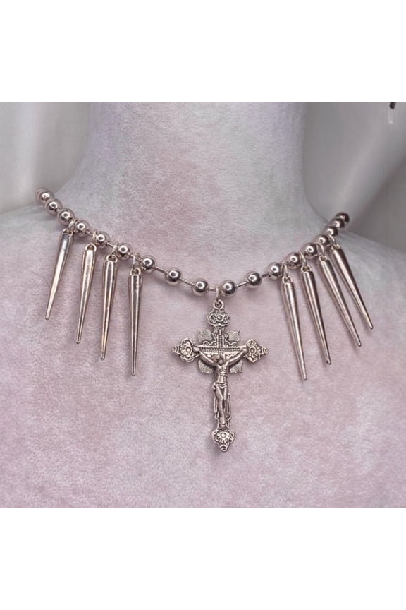 Gothic Cross Pearl Choker Necklace Y2k Chrome Silver Western Statement Chunky Cross Charm Necklace Heart Romantic Goth Cross Spiked Emo Grunge Ball Chain Necklace for Women