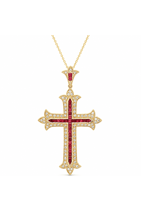 Gothic Cross Pendant Necklace 925 Sterling Silver Ruby CZ Gold Plated for Women-NYS Jewellers