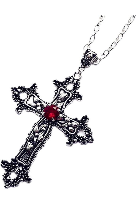 Gothic Cross Pendant Necklace Antiqued Silver Goth Punk Holy Cross Carved Flower Chic Black Crystal Rhinestone Christian Large Chain Necklace for Women Men Y2K Halloween Party Fashion Jewelry Gifts