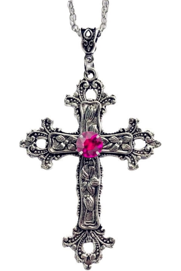 Gothic Cross Pendant Necklace Antiqued Silver Goth Punk Holy Cross Carved Flower Chic Black Crystal Rhinestone Christian Large Chain Necklace for Women Men Y2K Halloween Party Fashion Jewelry Gifts