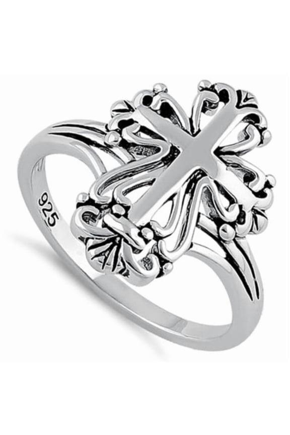 Gothic Cross Ring for Women Vintage Floral Design in 925 Sterling Silver