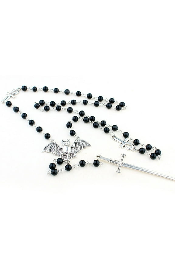 Gothic Cross Rosary Beaded Necklace Handmade Choker Jewelry Vampire Ankh Cross Bat Pendant Necklace Sweater Chain