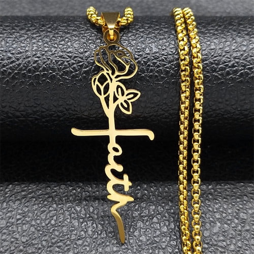 Gothic Cross Rose Flower Pendant Necklace For Women Men 14K Yellow Gold Plant Chain Choker Couple Jewelry Gift
