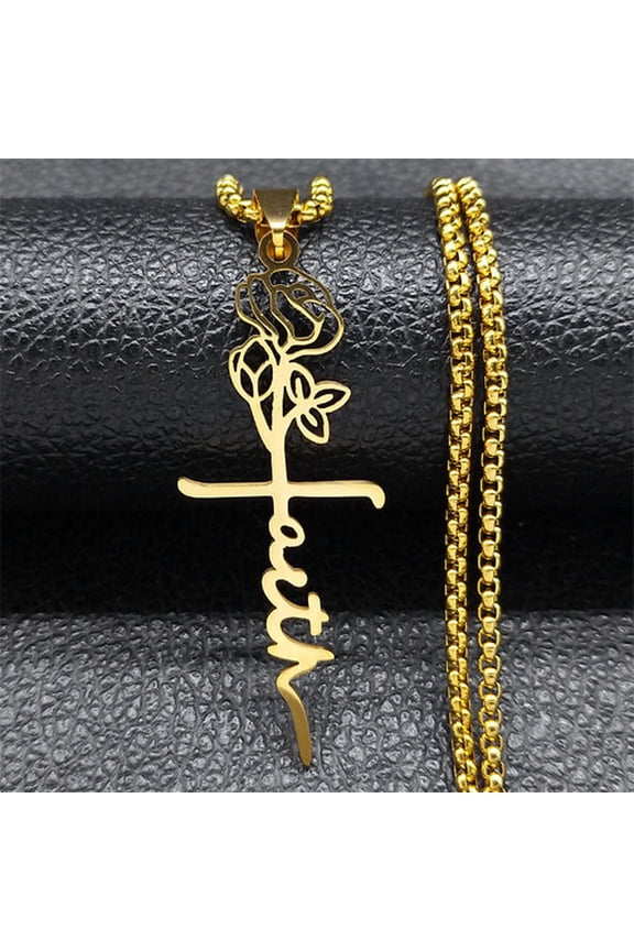 Gothic Cross Rose Flower Pendant Necklace For Women Men 14K Yellow Gold Plant Chain Choker Couple Jewelry Gift