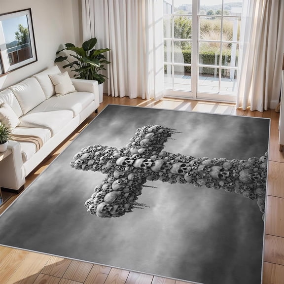Gothic Cross Skull Area Rug, Dark Religious Skull Design Indoor Carpet, Washable Non Slip Low Pile Soft Thin Rug for Living Room Bedroom Home Decor Mat 5x8ft