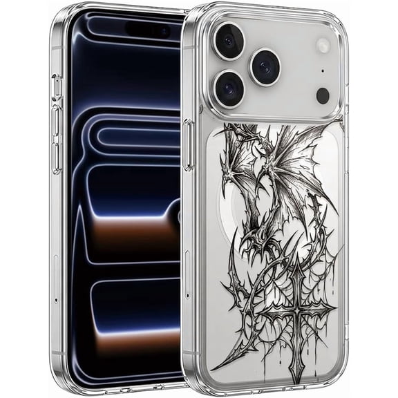 Gothic Cross and Dragon Wings Clear Phone Case for iPhone 15 Plus Grunge Punk Aesthetic Cover, Compatible Mangatic Clear