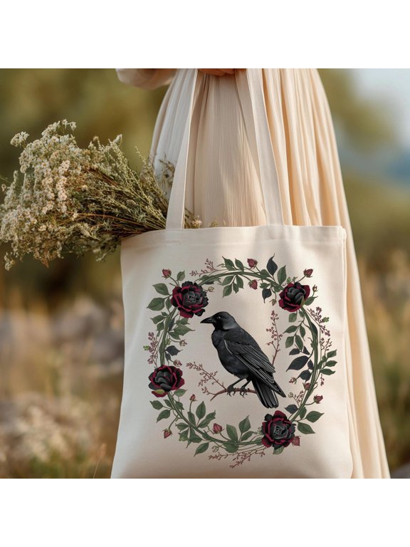 Gothic Crow Floral Tote Bag, Dark Cottagecore Canvas Bag, Personalized Raven Rose Wreath Bookish Tote, Witchy Nature Gift, Gothic Market Bag