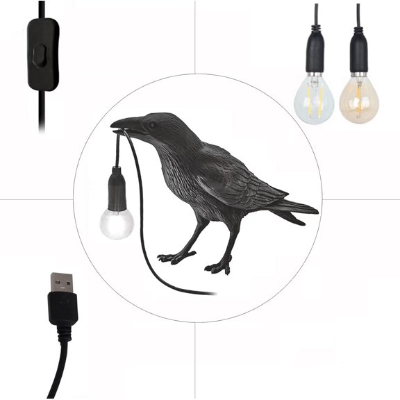 Gothic Crow Lamp - Cute Black Raven Desk Light with USB Line, Unique Resin Halloween Crow for Table Decor, Gothic, Black, Bird, Art, Home, Living Room, Bedroom (2 Bulbs)