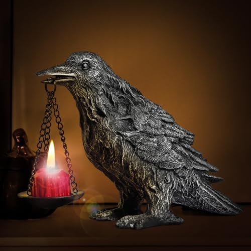Gothic Crow Lamp with Tealight Candle Holder Resin Raven Decor Statue Gothic Home Decor for Bedroom Unique Goth Gifts Half Silver
