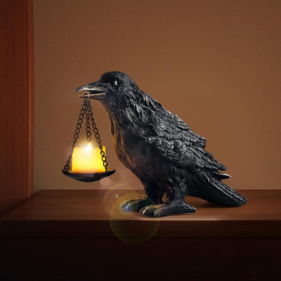 Gothic Crow Lamp with Tealight Candle Holder Resin Raven Decor Statue Gothic Home Decor for Bedroom Unique Goth Gifts Wearing Silver