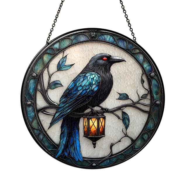 Point Crowe Gothic Crow Lantern Window Hanging, Faux Stained Glass Style Acrylic ...