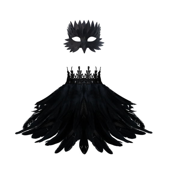 Gothic Crow Owl Mask with Feather Shawl,Halloween Bird Raven Feathers Costume for Role-Play Party,Christmas,Masquerad