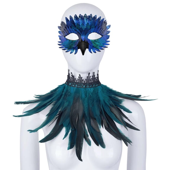 Gothic Crow Owl Mask with Feather Shawl,Halloween Bird Raven Feathers Costume for Role-Play Party,Christmas,Masquerad