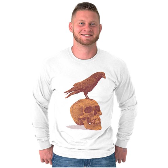 Gothic Crow Raven Sitting on Skull Long Sleeve TShirt Men Women Brisco Brands S