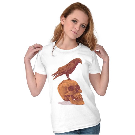 Gothic Crow Raven Sitting on Skull Womens Slim Fit Graphic Tee Brisco Brands M