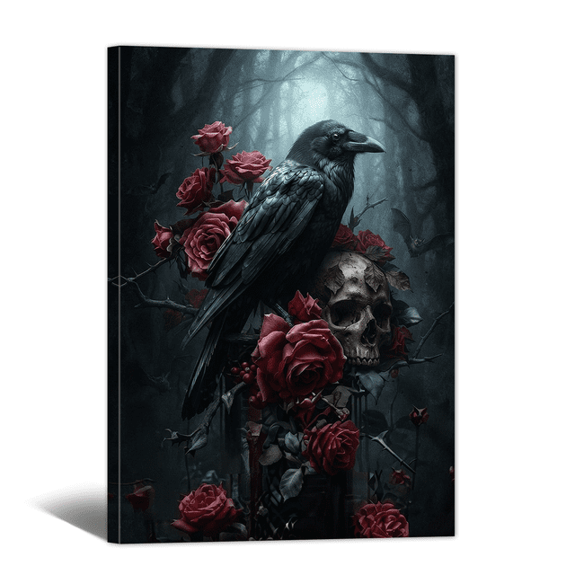 Point Crowe Gothic Crow Skull Rose Canvas Wall Art Moonlit Dark Forest Eerie Prints ...