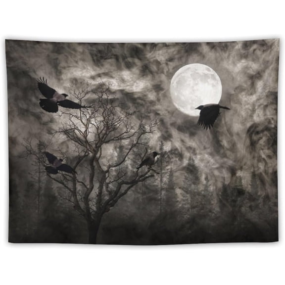 Gothic Crow Tapestry Gray Medieval Castle Foggy Misty Thriller Moon Forest Tree Raven Animal Print Tapestries for Kids Boys Teen Bedroom Dorm Living Room Decor 60X90in