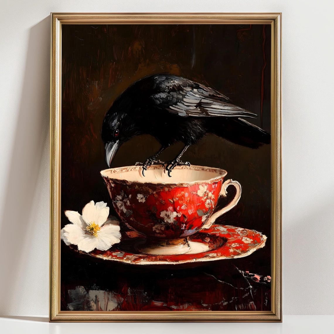 Gothic Crow Teacup Dark Academia Raven Wall Art Print, Vintage Red ...