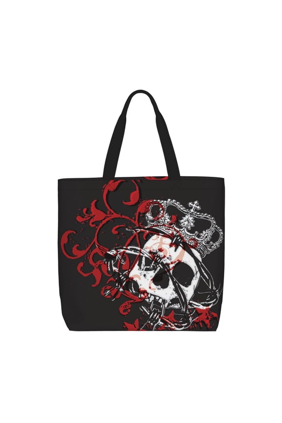 Gothic Crown Skull Zippered Tote Bag Large Capacity Shoulder Handbag for Shopping, Work, Travel