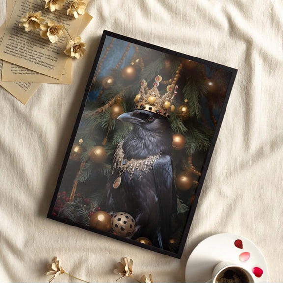 Gothic Crowned Crow Wall Art, Dark Academia Mystical Decor, Unframed Paper Print Size 8x12