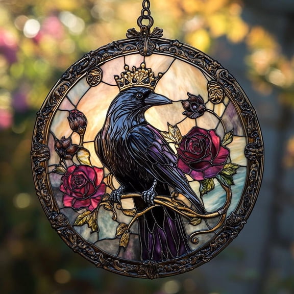 Gothic Crowned Raven Stained Glass Acrylic Suncatcher - Dark Romantic Window Hanging With Roses & Vintage Frame - Mystical Gift For Her, Him