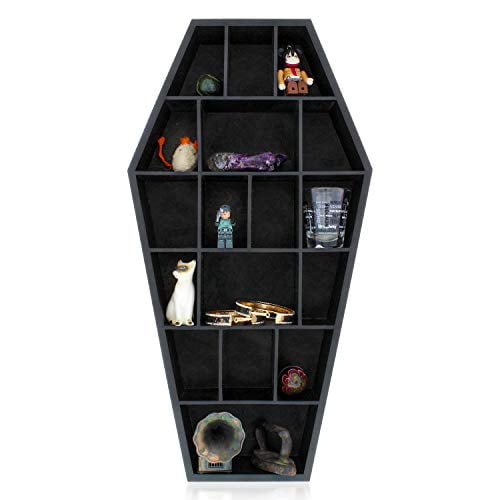 Gothic Curiosities Curio Coffin Shelf - Wooden Goth Decor for Display or Storage of Shot Glasses, Mini Figures, Rocks, and More - 17 by 9.75 by 2.75 Inches