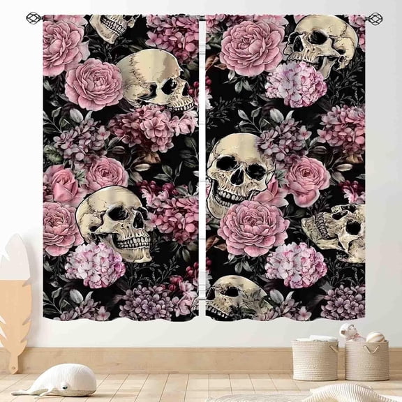 Gothic Curtains, Boho Black Pink Floral Spooky Moody Witchy Goth Peony Rose Flower Mysterious Skull Skeleton Trippy Aesthetics Blackout Window Drapery for Bedroom Living Room Bathroom, 84"x63" Inch