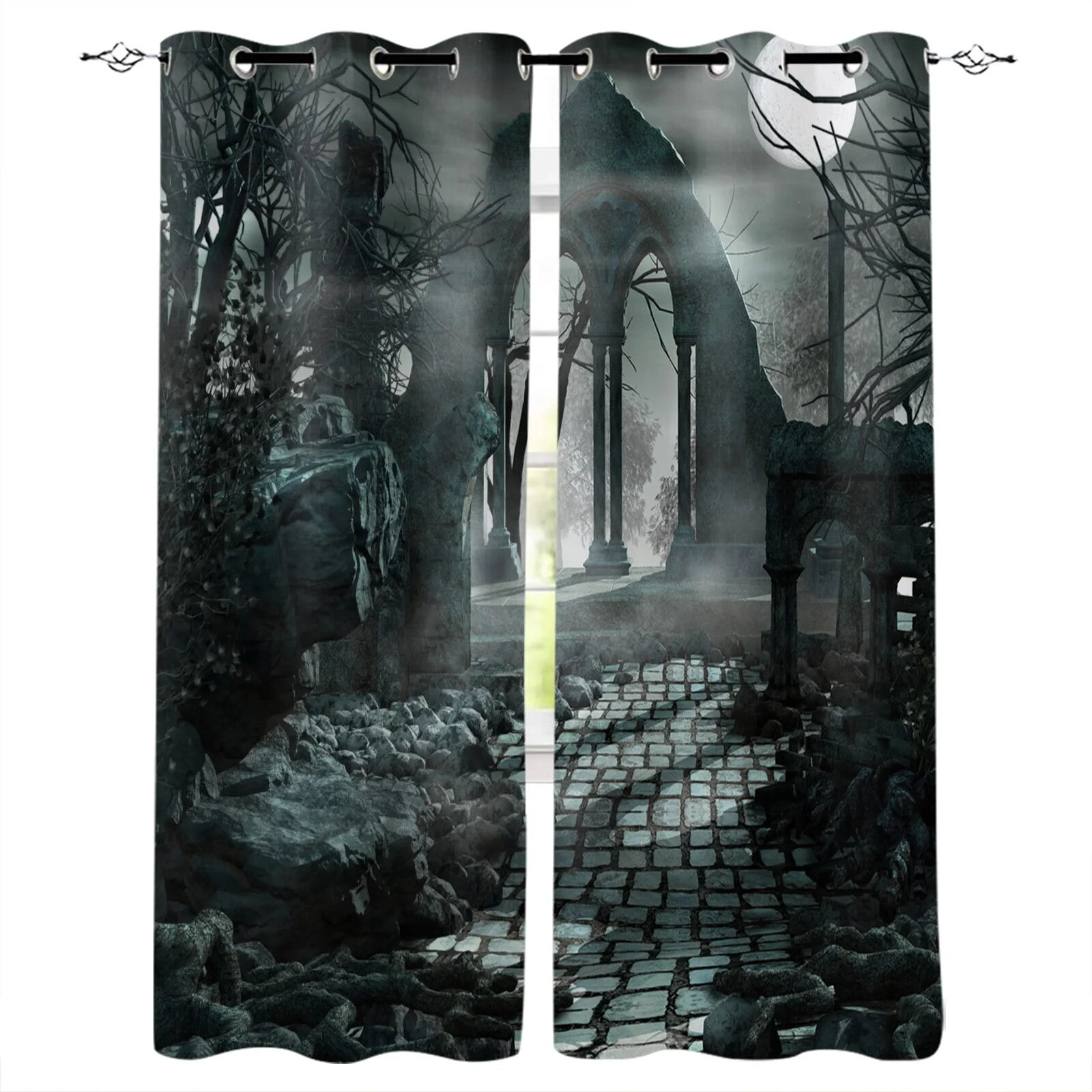 Gothic Curtains Full Moon Light Over Medieval Temple Ruins at Night ...