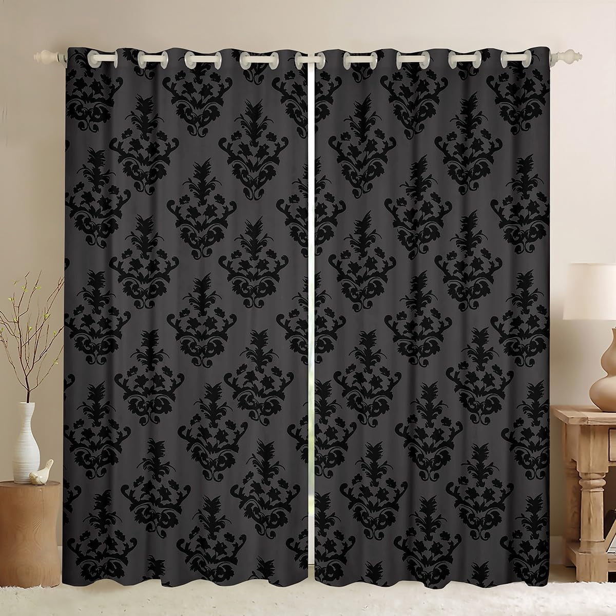 Gothic Curtains for Living Room Adults Black Damask Blackout Curtains ...
