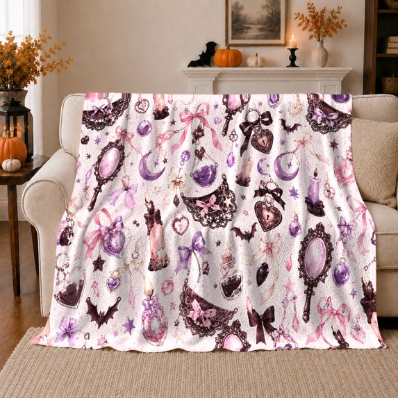 Gothic Cute Candles Bats Mirrors Mystical Purple Art, Cozy Friendship Quote Scene, Warm Flannel Blanket for Living Room and Reading Nook, Art Lovers Friendship Gift, Playful Home Decor