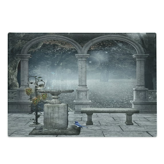 Gothic Cutting Board, Fictional Middle Age Mythical Stone Bench Balcony Building with Hummingbird Graphic Print, Decorative Tempered Glass Cutting and Serving Board, Large Size, Grey, by Ambesonne