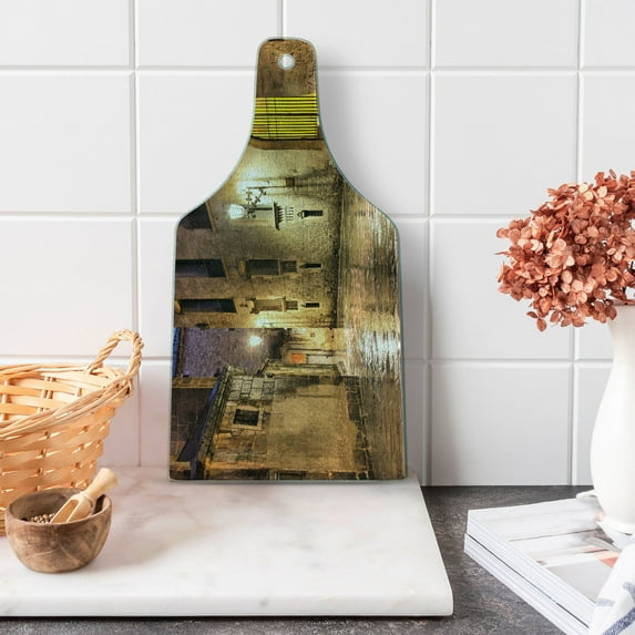Gothic Cutting Board, Gothic Stone Quarter of Barcelona Spain Renaissance Heritage Night Street Photo, Decorative Tempered Glass Cutting and Serving Board, Wine Bottle Shape, Cream, by Ambesonne