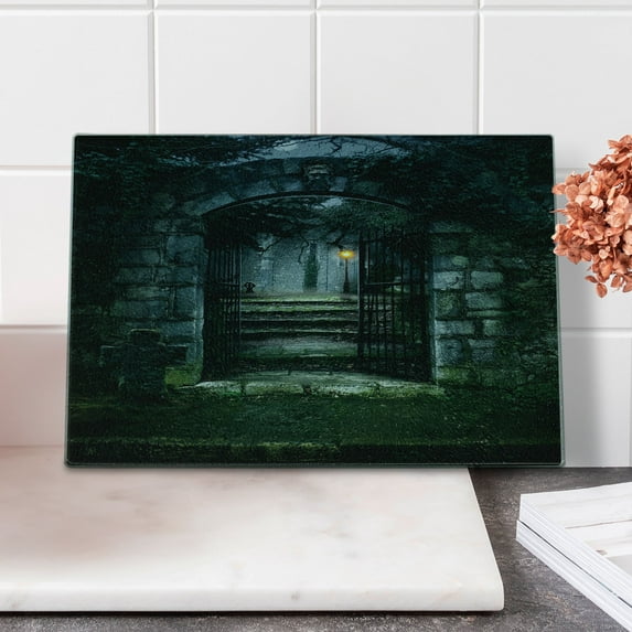 Gothic Cutting Board, Image of the Gate of a Dark Old Haunted House Cemetery Dead Myst Fiction Art Print, Decorative Tempered Glass Cutting and Serving Board, Small Size, Grey Green, by Ambesonne
