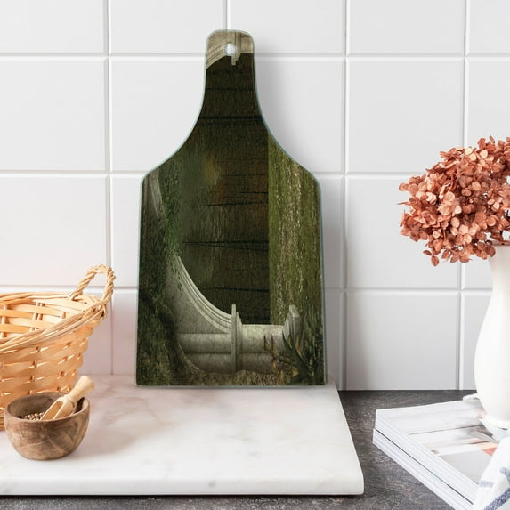 Gothic Cutting Board, Old Retro Arch in the Garden Renaissance Meadow Forest Dark Scary Design Image, Decorative Tempered Glass Cutting and Serving Board, Wine Bottle Shape, Green Beige, by Ambesonne