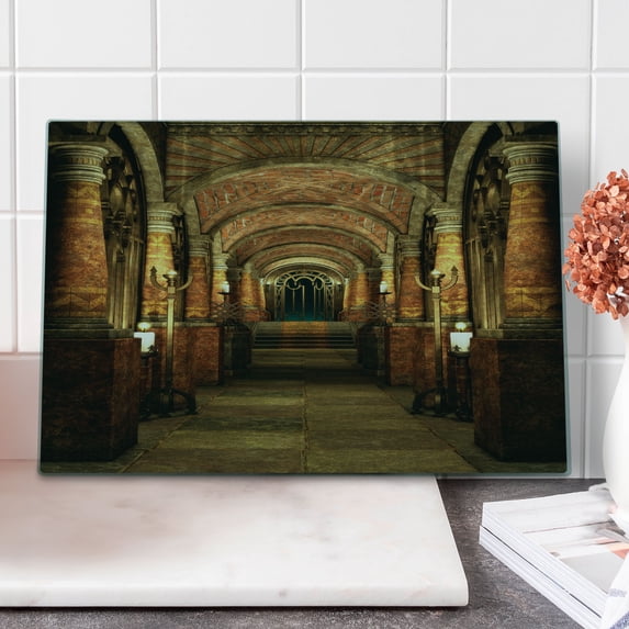 Gothic Cutting Board, Passage Stairways Secret Gateway Pillars Medieval Building Theme, Decorative Tempered Glass Cutting and Serving Board, Large Size, Brown and Red, by Ambesonne