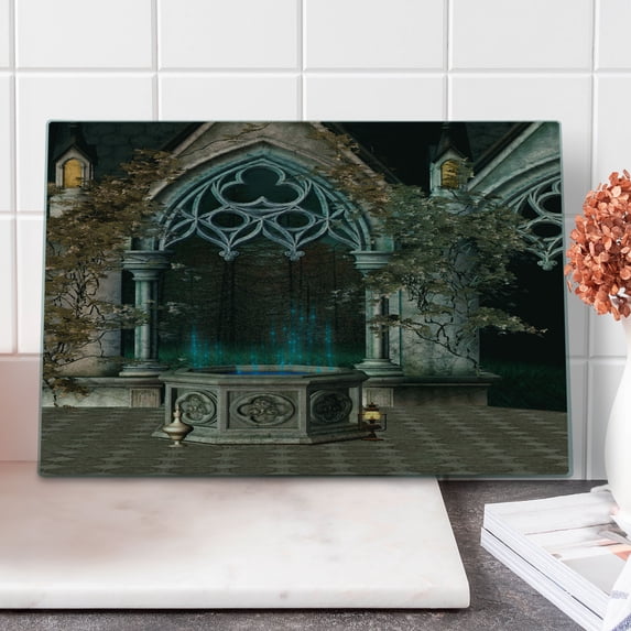 Gothic Cutting Board, Patio with Enchanted Wishing Well Ivy on Antique Gateway to Forest, Decorative Tempered Glass Cutting and Serving Board, Large Size, Grey Teal, by Ambesonne
