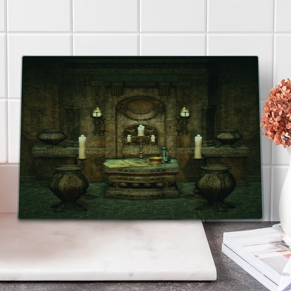Gothic Cutting Board, Room with Altar in Fantasy Style Spells Pentagram and Candles Print Illustration, Decorative Tempered Glass Cutting and Serving Board, Large Size, Brown, by Ambesonne