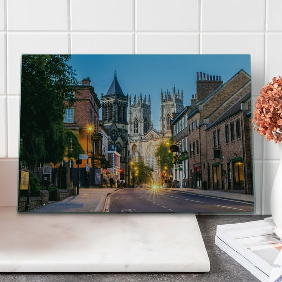 Gothic Cutting Board, York Minster View in Evening Cityscape Historical Landmark Street in the England, Decorative Tempered Glass Cutting and Serving Board, Large Size, Multicolor, by Ambesonne
