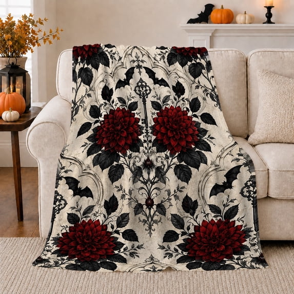 Gothic Dahlia Bat Motif, Cozy Friendship Quote Scene, Warm Flannel Blanket for Living Room and Reading Nook with Detailed Artwork, Art Lovers Friendship Gift, Artistic Home Decor