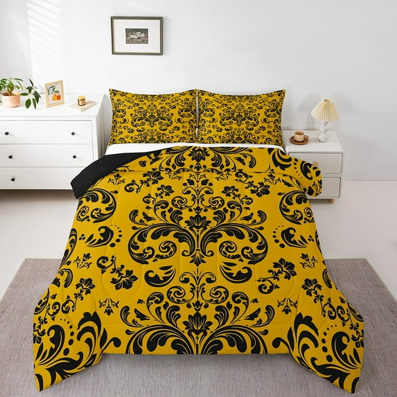 Gothic Damask Bedding Comforter Sets Black Yellow Victorian Baroque Floral Comforter Set Bohemian Exotic Goth Bedding Set Teen Adults Vintage Boho Flower Bed Set 2 Pcs