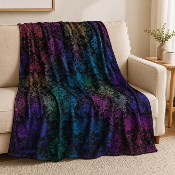 Gothic Damask Fleece Throw Blanket, Multicolor One-Sided Print, Soft Polyester