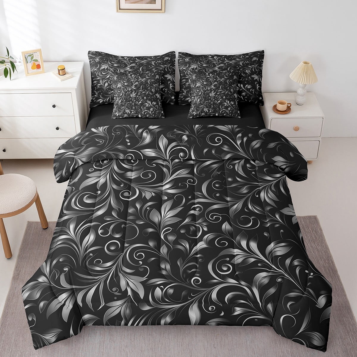 Gothic Damask King Bedding Set 7 Piece Boho Black Grey Goth Floral ...