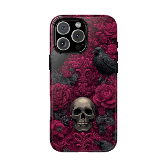 Gothic Damask Raven Black Phone Case for iPhone 11-17 Pro Max